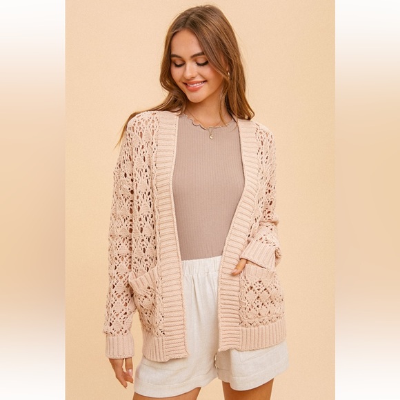 Hem & Thread Sweaters - Hem & Thread Beige Open Knit Cardigan